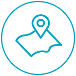 Icon of a map, outlined in blue within a blue circular border.