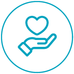 Icon of a hand holding a heart, outlined in blue within a blue circular border.