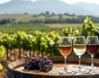 Three glasses of wine, ranging from rose to white and red, sit on a wooden barrel next to a cluster of purple grapes in a sunny vineyard setting.