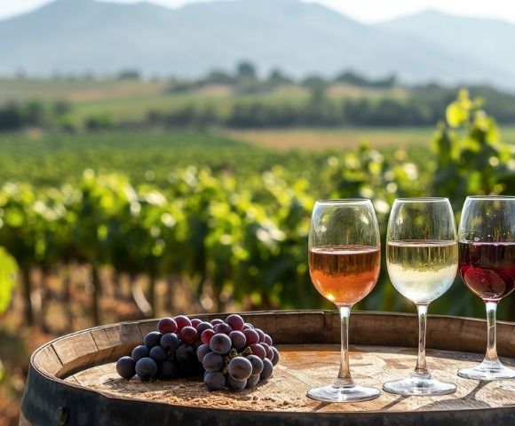 Three glasses of wine, ranging from rose to white and red, sit on a wooden barrel next to a cluster of purple grapes in a sunny vineyard setting.