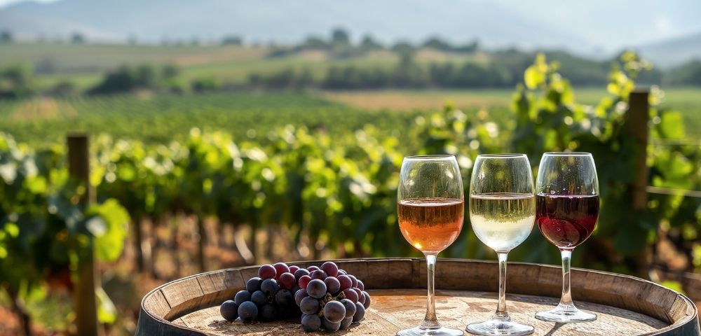 Three glasses of wine, ranging from rose to white and red, sit on a wooden barrel next to a cluster of purple grapes in a sunny vineyard setting.