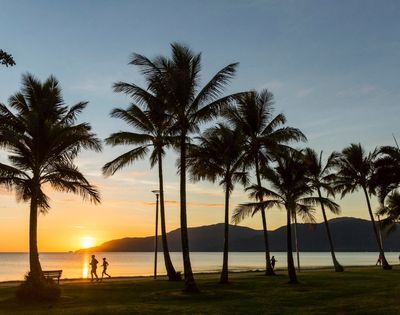 Silhouetted palm trees stand along a coastal path at sunrise, with people jogging and walking by the calm ocean and distant mountains in the back.