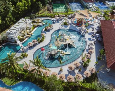 Aerial view of a large, curved swimming pool surrounded by palm trees, lounge chairs, and umbrellas, with water slides and play structures.