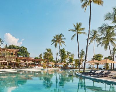 A tranquil resort scene featuring a clear swimming pool surrounded by lush palm trees and lounge chairs, under a bright blue sky.
