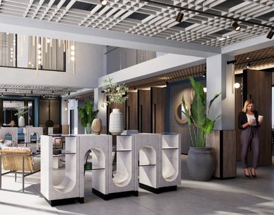 A modern hotel lobby featuring stylish seating arrangements, large potted plants, decorative lighting, and contemporary design elements.