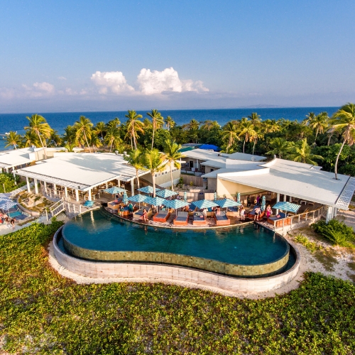 Aerial view of a tropical oceanfront resort with curved infinity pool, palm trees, white buildings, loungers, and bright blue sea.