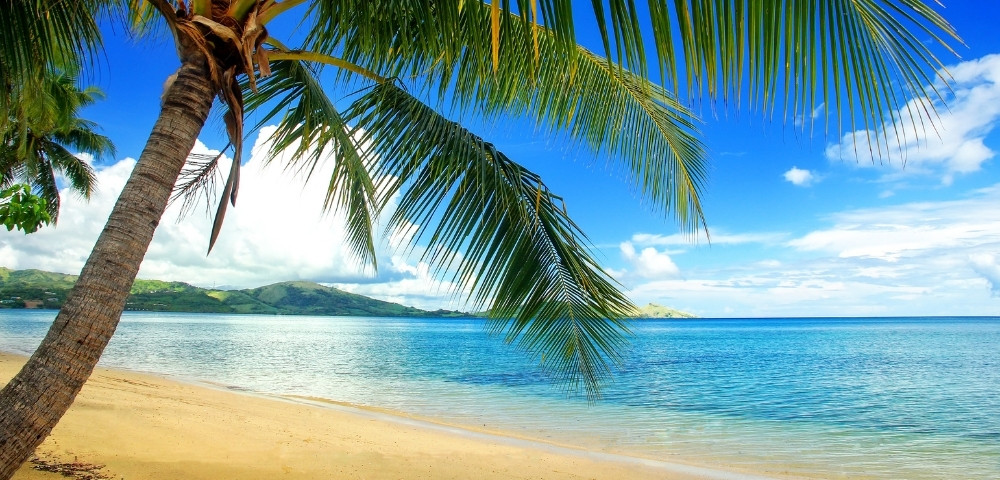 Tropical beach with swaying palm trees, golden sand, turquoise ocean, distant green hills, and a bright blue sky creating a tranquil mood.