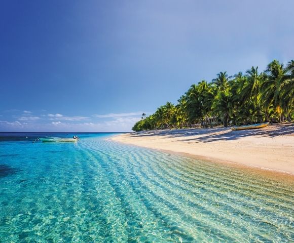 Tropical beach with clear turquoise water, white sand, swaying palm trees, and a bright blue sky creating a peaceful island paradise.