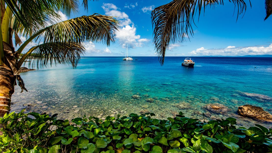 Tropical beach framed by palm fronds, with clear turquoise water, two sailboats, coral shallows, and lush greenery beneath a bright blue sky.
