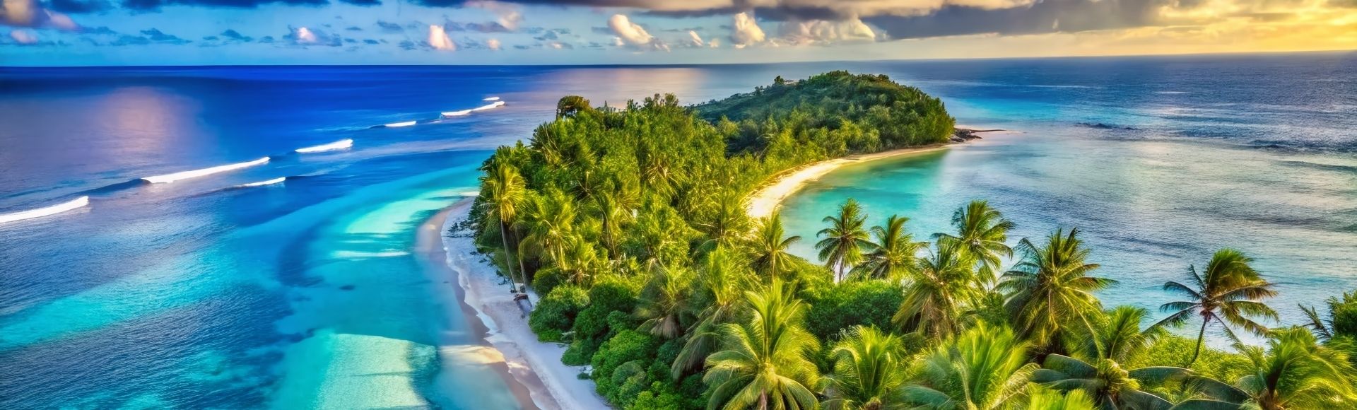 An aerial view of a lush, tropical island with a crescent-shaped white sand beach fringed by dense green foliage and palm trees, surrounded by vibrant turquoise and deep blue ocean waters with gentle waves.