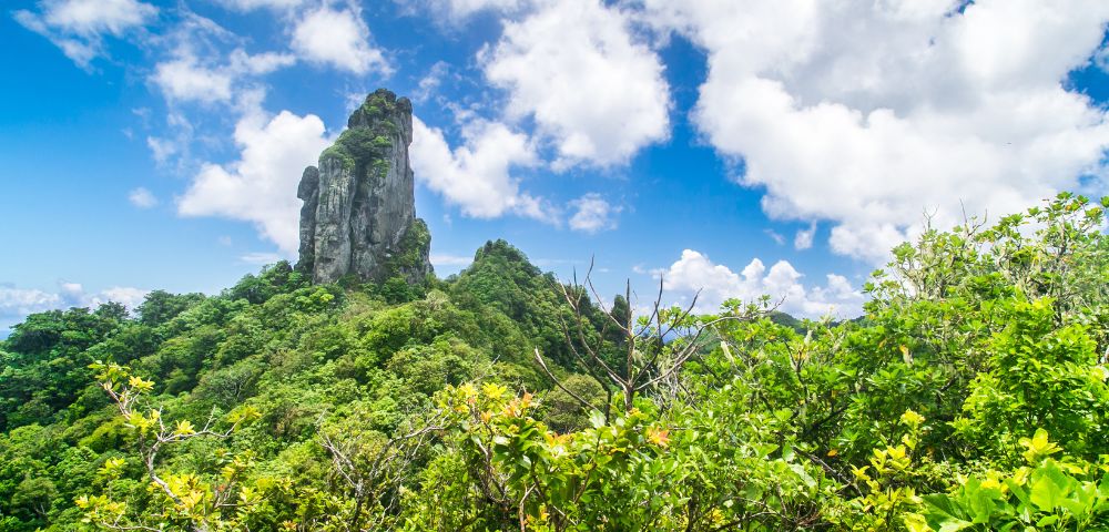 A towering, jagged rock spire rises from a lush, verdant, tropical island landscape under a bright blue sky with fluffy white clouds.