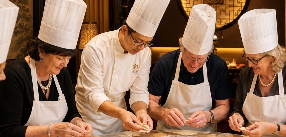 A chef in a white uniform and toque instructs several adults in white aprons and toques as they prepare colorful dumplings on wooden boards in a well-lit, elegant dining room.