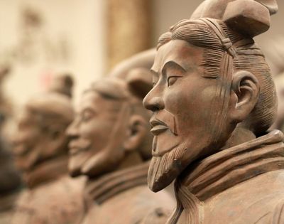 Close-up profile view of a terracotta warrior statue with detailed facial features and hair, showing multiple statues in a blurred background.
