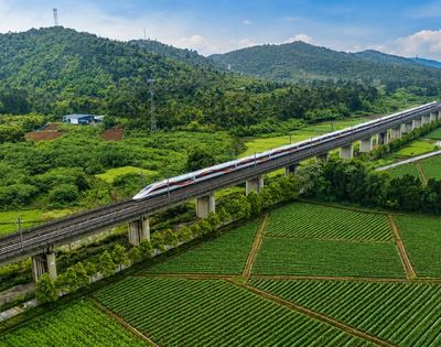 An aerial view captures a white and red high-speed train traveling on an elevated railway track, which runs through lush green agricultural fields and rolling forested hills under a blue sky with scattered clouds.