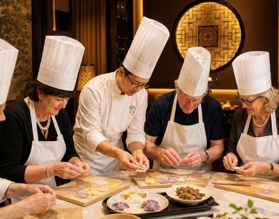 A chef in a white uniform and toque instructs several adults in white aprons and toques as they prepare colorful dumplings on wooden boards in a well-lit, elegant dining room.