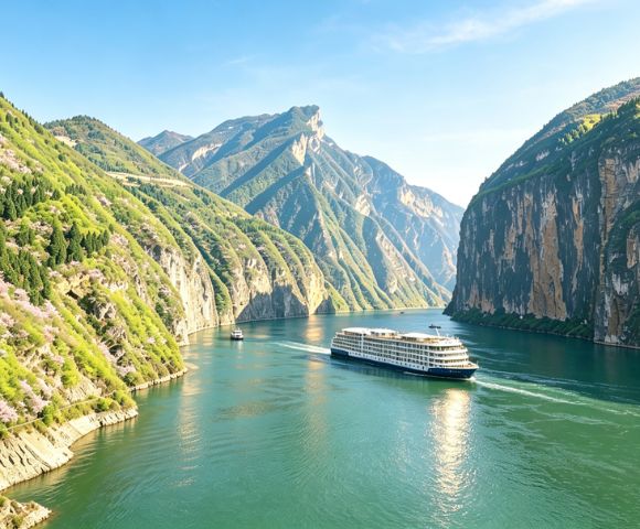 A large, modern cruise ship navigates a wide, calm river through a dramatic, narrow gorge with steep, tree-covered mountains on either side under a clear blue sky.