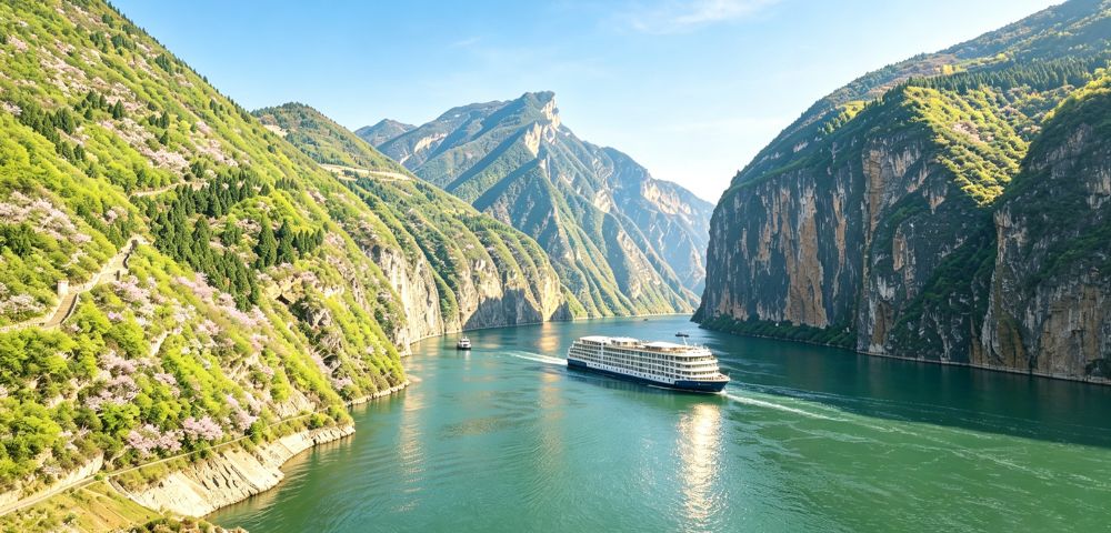 A large, modern cruise ship navigates a wide, calm river through a dramatic, narrow gorge with steep, tree-covered mountains on either side under a clear blue sky.