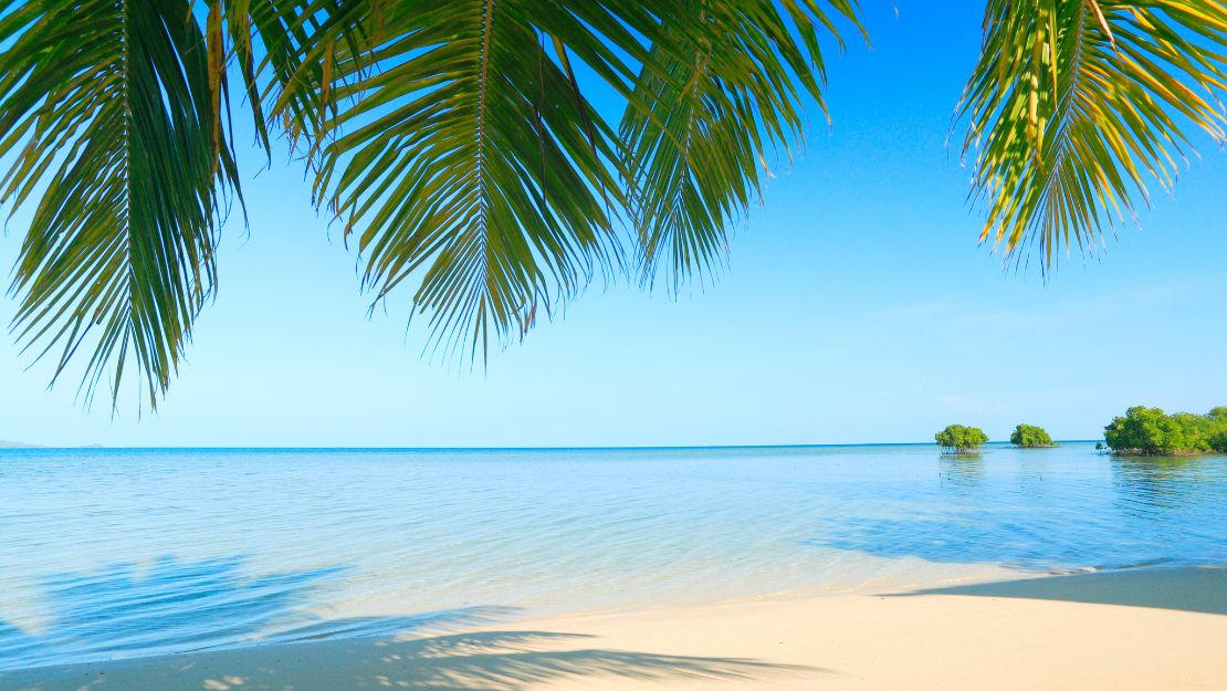 Tropical beach framed by palm fronds, with calm turquoise water, pale sand, tiny green islets, and a cloudless blue sky creating a serene mood.