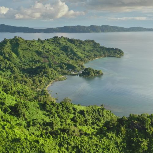 Lush tropical peninsula curves into a calm blue bay, with tiny shoreline homes, distant forested mountains, and a peaceful cloudy sky.