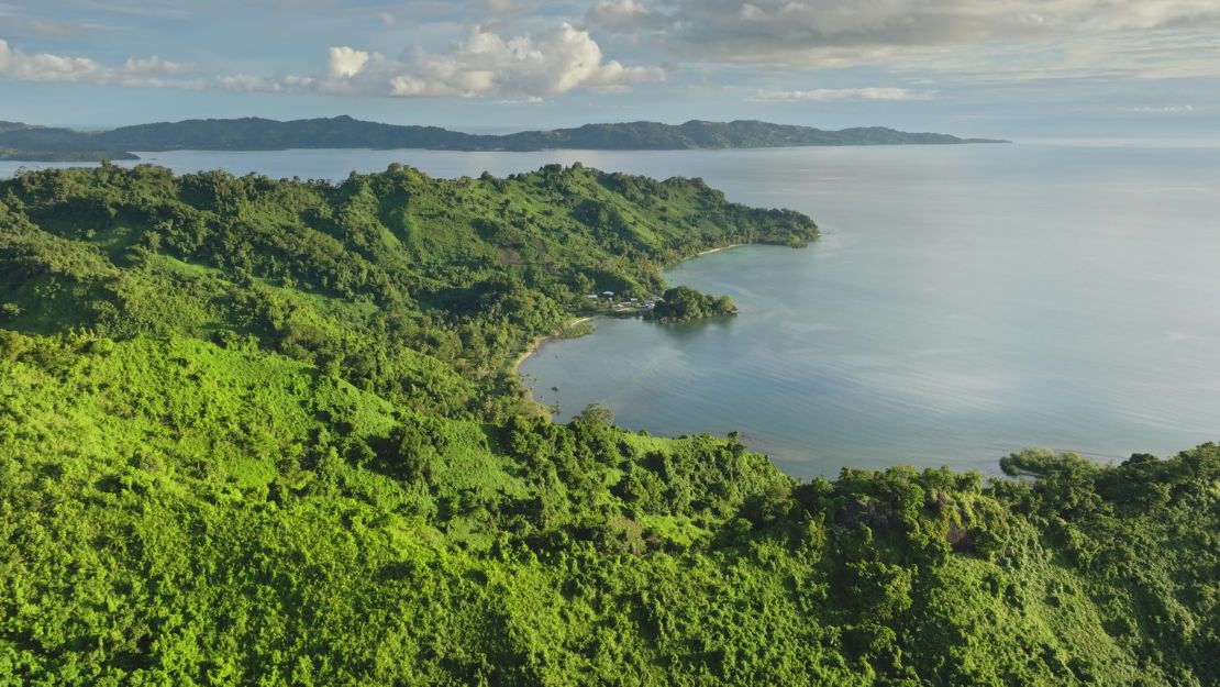 Lush tropical peninsula curves into a calm blue bay, with tiny shoreline homes, distant forested mountains, and a peaceful cloudy sky.
