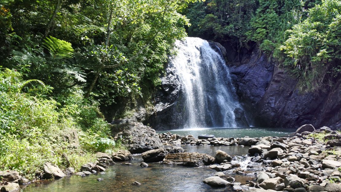 Sunlit waterfall plunges over dark rocks into a clear forest pool, with a rocky stream in the foreground creating a peaceful scene.
