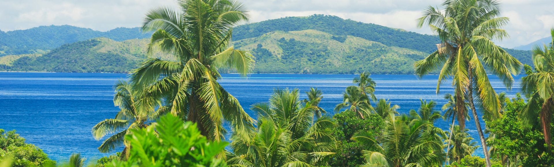 Lush tropical island coastline with swaying palm trees, bright blue sea, green mountains, and fluffy clouds under a sunny sky.