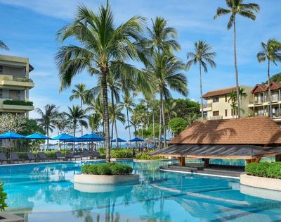 A resort swimming pool with lush palm trees and beachfront hotels under a clear blue sky.