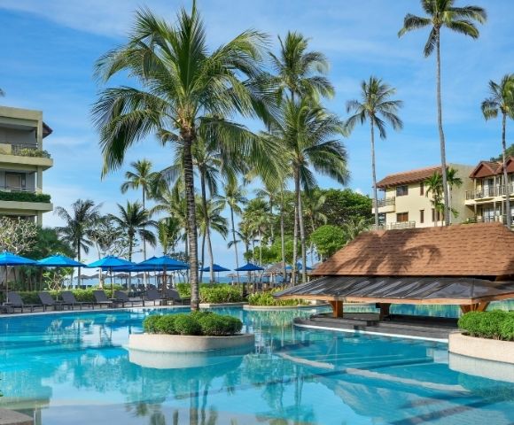 A resort swimming pool with lush palm trees and beachfront hotels under a clear blue sky.