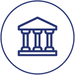 Icon of a classical building with columns, enclosed in a circular border.