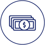 An icon of stacked dollar bills within a circle, symbolizing currency.