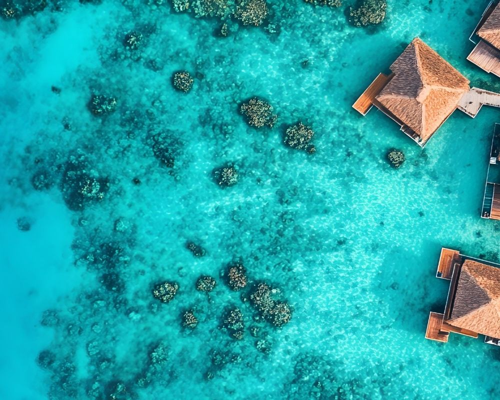 Aerial view of thatched-roof overwater bungalows built over crystal clear turquoise water with visible coral reefs and lush green vegetation on the shore.