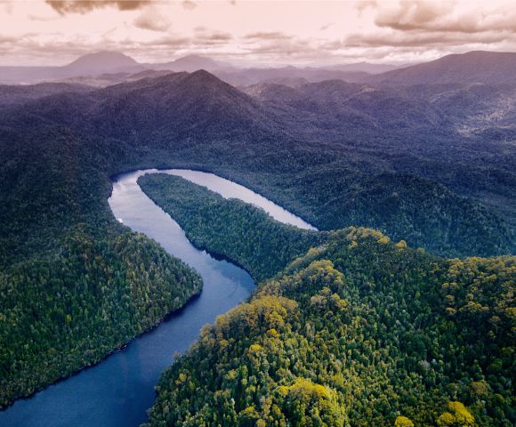 Aerial view of a dark blue winding river flowing through a dense, lush green forest with rolling hills and mountains in the distance under a hazy, purple-toned sky.