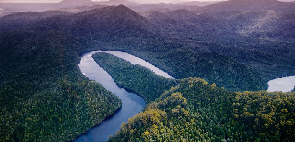 Aerial view of a dark blue winding river flowing through a dense, lush green forest with rolling hills and mountains in the distance under a hazy, purple-toned sky.