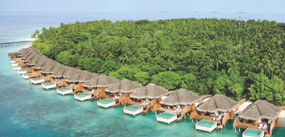 Aerial view of a row of thatched-roof overwater bungalows with private plunge pools on turquoise water, backed by a dense, lush green tropical island with palm trees.