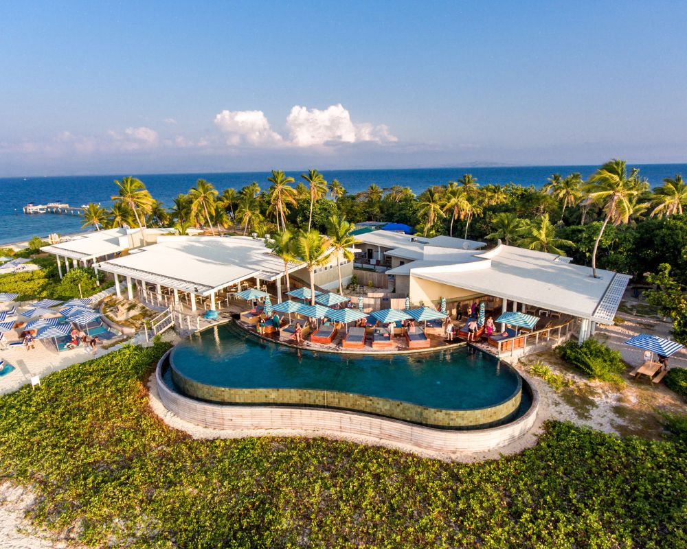 Aerial view of a tropical resort with a large, dark blue infinity pool curving around lounge chairs, shaded by blue and white striped umbrellas, with palm trees and white buildings in the background, and the ocean visible in the distance.