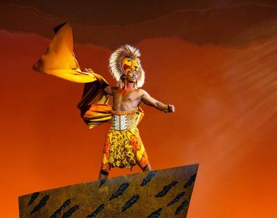 A performer in a lion costume with a flowing yellow cape stands on a rock formation against an orange sky.