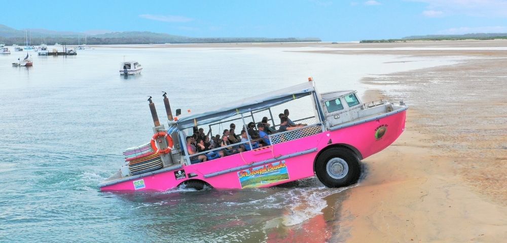A bright pink amphibious bus filled with passengers is partially submerged in the water and partially on a sandy beach, with calm water and a distant shoreline under a bright blue sky.
