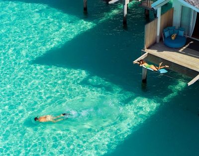 Aerial view of a swimmer in bright turquoise water beside an overwater bungalow and shaded dock, conveying a peaceful tropical escape.