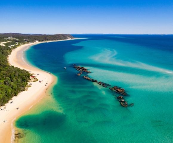 Aerial view of a curving sandy beach lined with lush green trees meeting crystal clear turquoise water, where numerous rusty shipwrecks lie submerged just offshore.