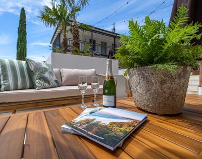 Outdoor patio setting with a sofa, coffee table, champagne bottle, two champagne flutes, a potted fern, and a brochure open on the table with a scenic landscape on its cover.