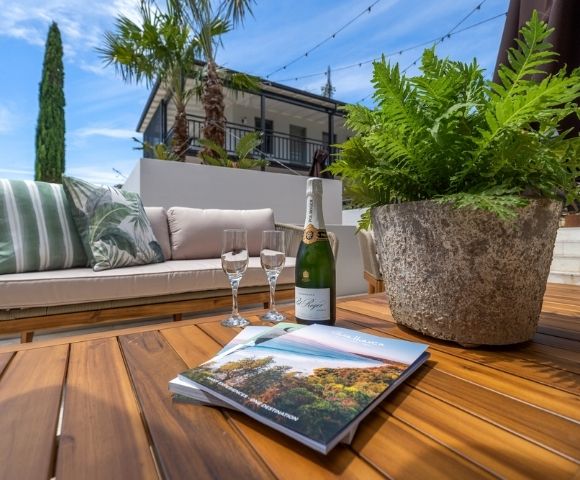 Outdoor patio setting with a sofa, coffee table, champagne bottle, two champagne flutes, a potted fern, and a brochure open on the table with a scenic landscape on its cover.