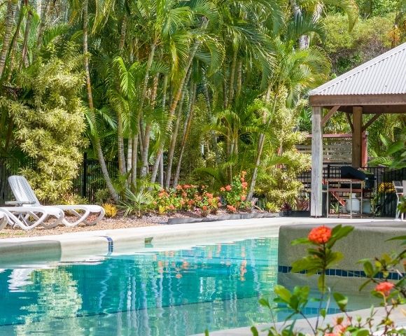 Turquoise resort pool reflects lush tropical palms, white lounge chairs, and a shaded pavilion, with bright red flowers adding a serene, inviting feel.