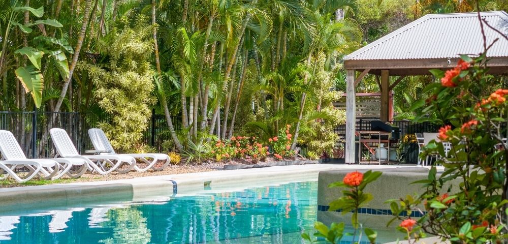 Turquoise resort pool reflects lush tropical palms, white lounge chairs, and a shaded pavilion, with bright red flowers adding a serene, inviting feel.