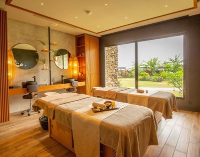 Serene luxury spa treatment room with two massage beds, warm lighting, stone accents, round mirrors, and large windows overlooking a lush garden.