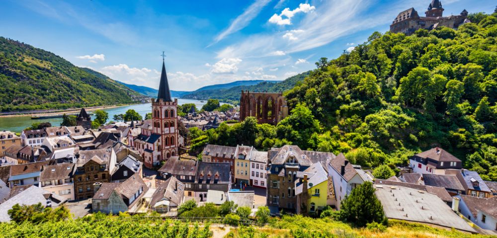 Scenic view of a historic European town nestled beside a river, featuring a prominent church spire, ancient ruins, a castle on a hill, and lush green vineyards in the foreground.