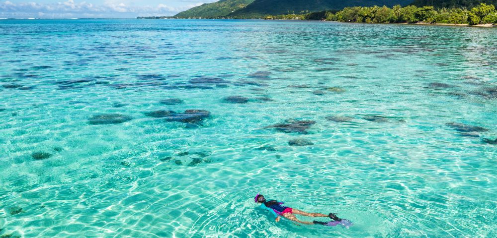 A person snorkeling in crystal clear turquoise water with coral reefs visible below the surface, a lush green mountainous island in the background under a partly cloudy sky.