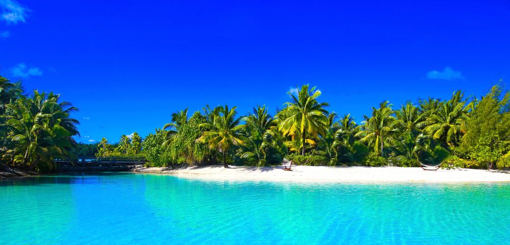 A tropical island paradise with a white sandy beach, lush green palm trees, and crystal clear turquoise water under a vibrant blue sky.