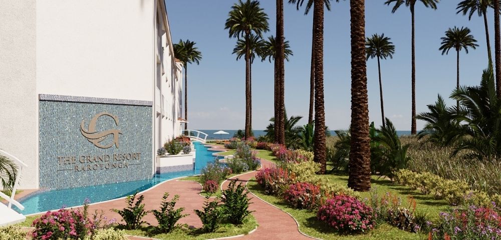 A resort building with a mosaic facade displaying a 