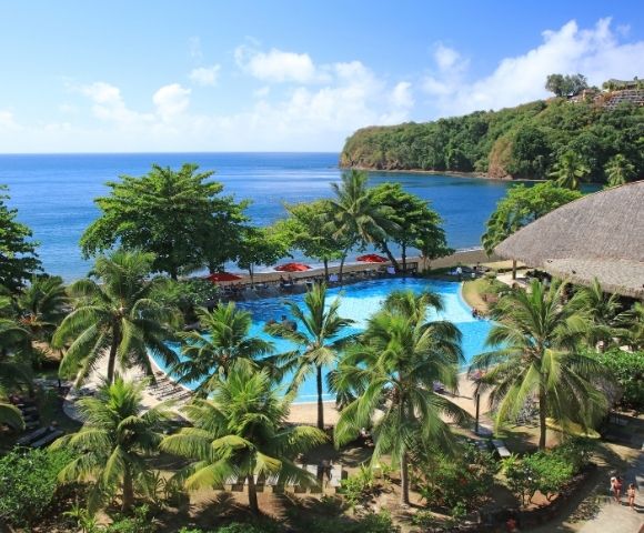Resort swimming pool surrounded by palm trees with a view of the ocean and a lush green coastline.