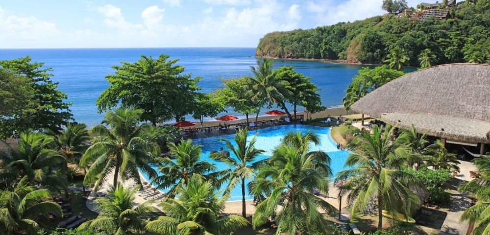 Resort swimming pool surrounded by palm trees with a view of the ocean and a lush green coastline.